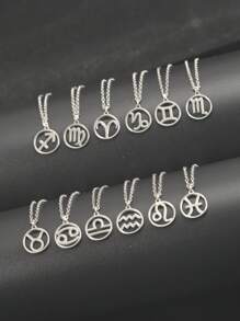 1pc 12 Constellations Symbol Stainless Steel Pendant Necklace With Stainless Steel Chain - Silver - View 1