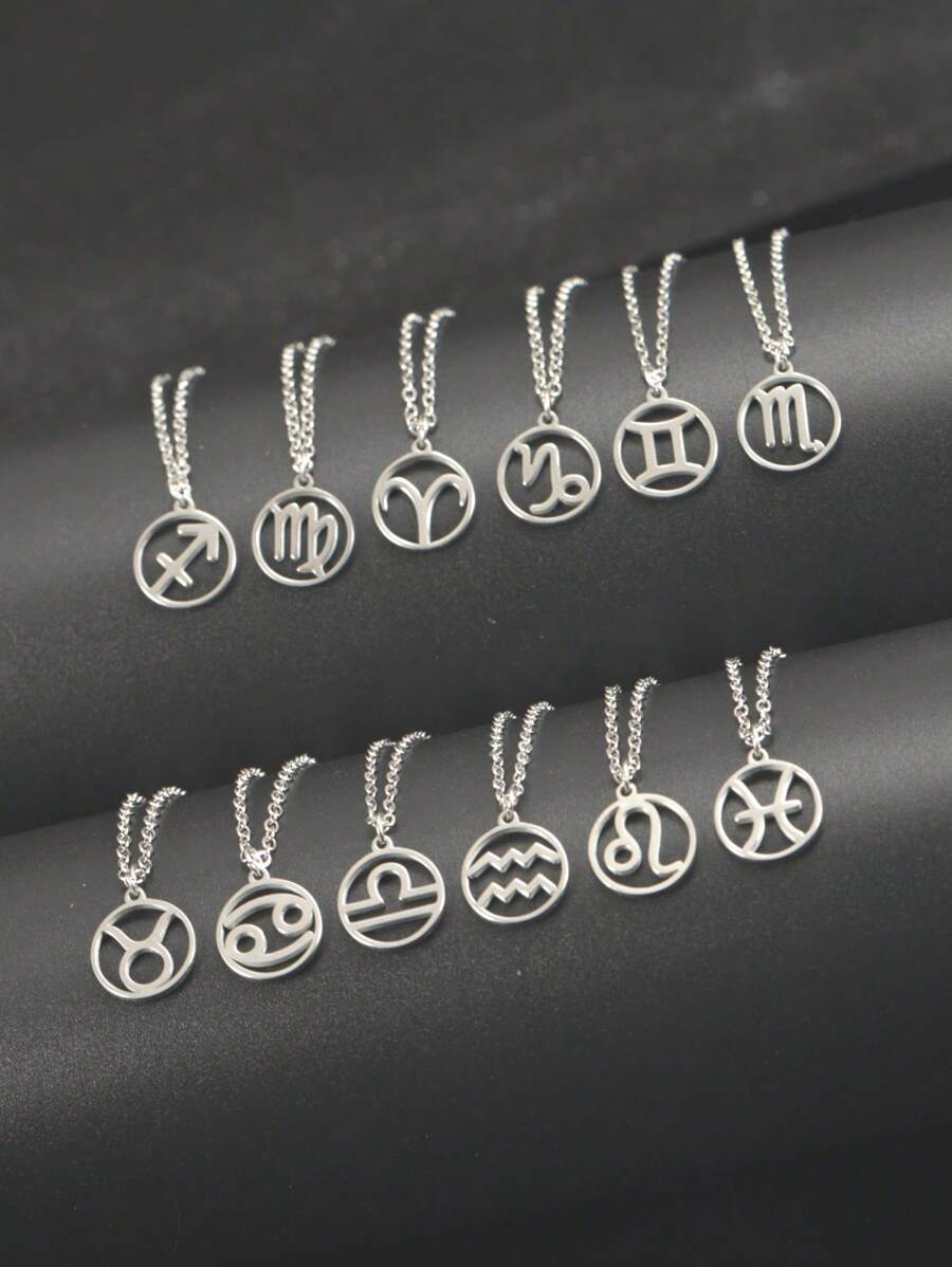 1pc 12 Constellations Symbol Stainless Steel Pendant Necklace With Stainless Steel Chain - Silver - View 1
