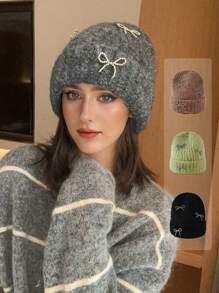 قبعة بيني مُضفَّرة بفيونكة واحدة، عصرية ومتعددة الاستخدامات سميكة ودافئة للنساء في فصل الخريف/الشتاءرمضان