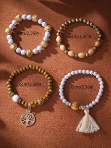 4pcs/Set Bohemian Style Tassel Life Tree Pendant Multilayer Wooden Bead Chain Bracelet