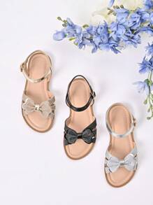 1 Pair Girl's Elegant Bow Flat Sandals, Suitable For Festivals, Weddings, Stage, Vacation & Daily Dress Matching - Gold - View 9