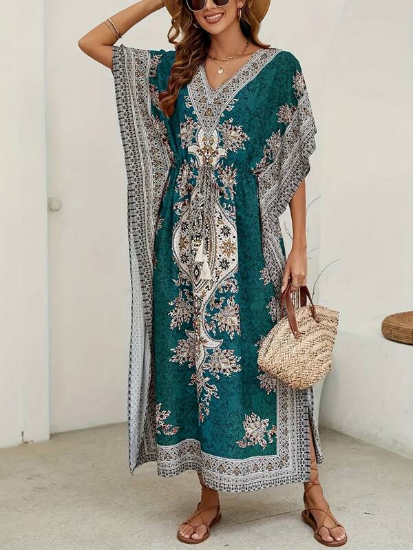 Women's Bohemian Floral Print V-Neck Batwing Sleeve Tie-Waist Beach Resort Maxi Dress, Summer, Modest Kaftan