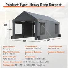 VEVOR Carport, 10x20ft Heavy Duty Carport Car Canopy, Portable Garage Car Port With Roll-Up Ventilated Windows & Removable Sidewalls, UV Resistant Waterproof All-Season Tarp For SUV, Car, Truck, Boat - 深灰色 - 查看 7