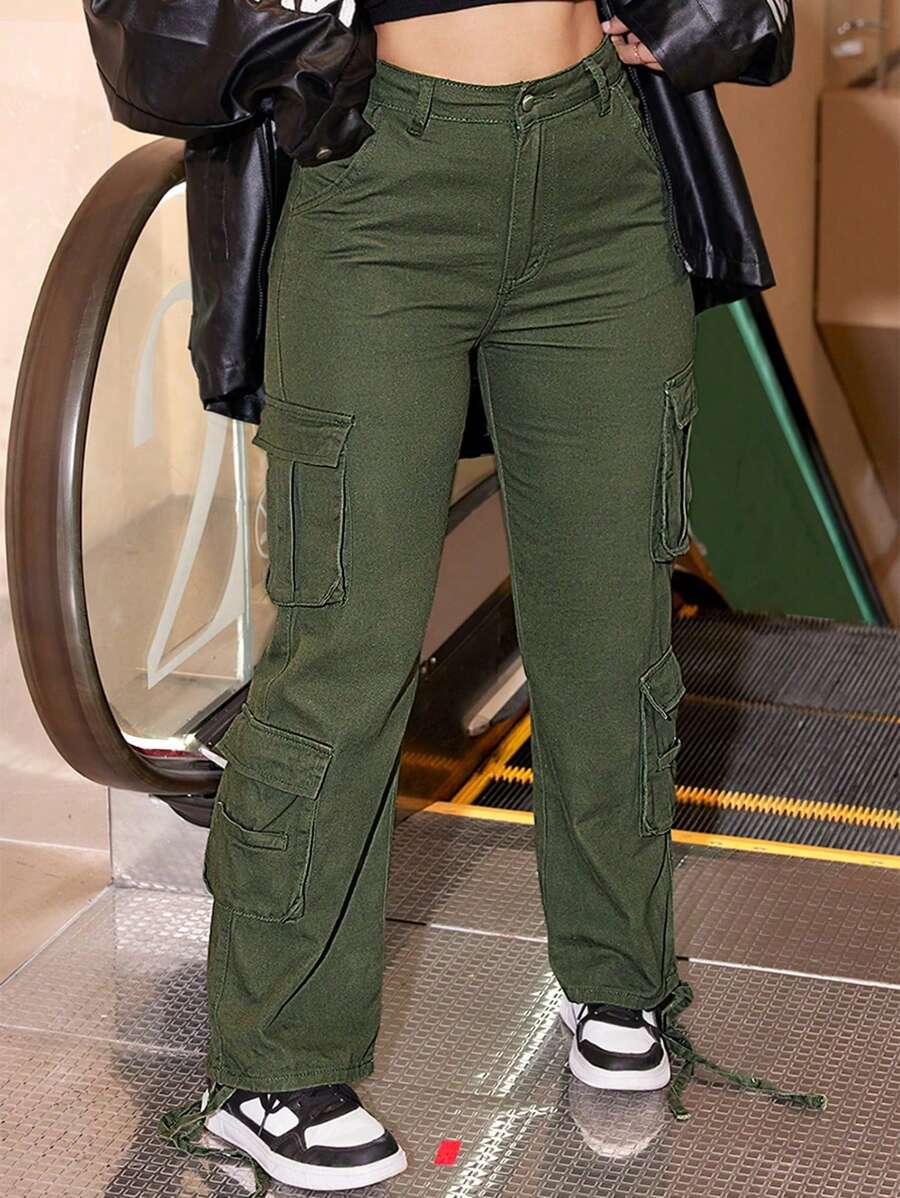 Women Mid Waisted Cargo Jeans Flap Pocket Straight Wide Leg Casual Baggy Boyfriend Denim Streetwear Pants(The Size Is Slightly Small; It Is Recommended To Order One Size Up.) - 軍綠色 - 查看 1