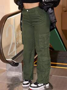 Women Mid Waisted Cargo Jeans Flap Pocket Straight Wide Leg Casual Baggy Boyfriend Denim Streetwear Pants(The Size Is Slightly Small; It Is Recommended To Order One Size Up.) - 軍綠色 - 查看 6