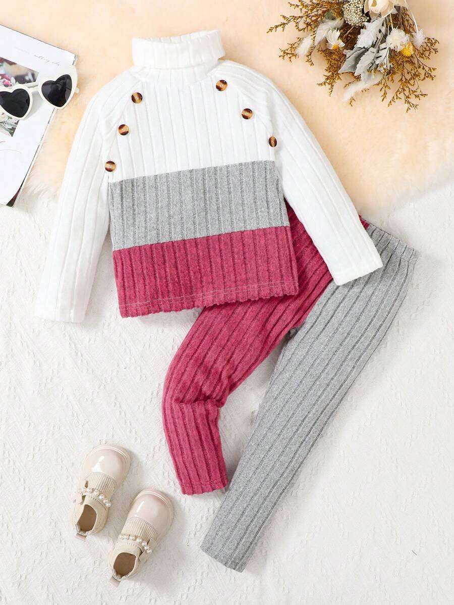 2 件小女孩高领长袖上衣和裤子套装，春季休闲装