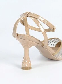 女士水钻装饰尖头踝带高跟鞋，性感透气网眼面料派对高跟鞋，优雅春秋设计