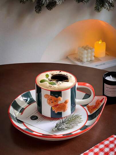 可爱手绘生日小狗陶瓷马克杯，高品质礼品马克杯，带碟咖啡杯，牛奶水杯，适合作为礼物送给爱人、朋友，生日、圣诞节、新年、情人节