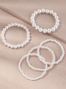 5pcs/Set Girls' Faux Pearl Beaded Bracelet Set, Suitable For Daily Wear - White - View 4