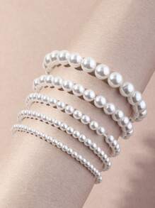 5pcs/Set Girls' Faux Pearl Beaded Bracelet Set, Suitable For Daily Wear - White - View 1