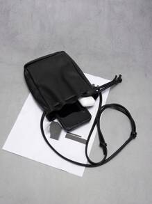 迷你时尚简约软质抽绳斜挎包，方形，多功能时尚PU软轻手机袋，水桶包，纯色防水 - 黑色 - 查看 8