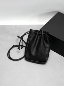 迷你时尚简约软质抽绳斜挎包，方形，多功能时尚PU软轻手机袋，水桶包，纯色防水 - 黑色 - 查看 2