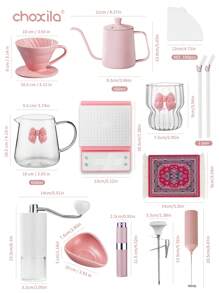 choxila V60 Pink Bow Coffee Set, Two-Cup Pour Over Coffee Maker Set, Girls Mind-Blowing Drip Coffee Set, Valentine's Day Gifts, Festival Gifts For Family And Friends, Portable Travel Coffee Accessories Tools, Included 600ml Pink Coffee Kettle With Lid And Thermometer Back To School