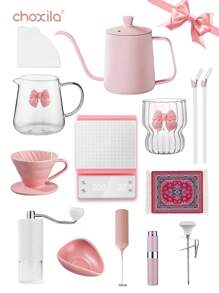 choxila V60 Pink Bow Coffee Set, Two-Cup Pour Over Coffee Maker Set, Girls Mind-Blowing Drip Coffee Set, Valentine's Day Gifts, Festival Gifts For Family And Friends, Portable Travel Coffee Accessories Tools, Included 600ml Pink Coffee Kettle With Lid And Thermometer Back To School