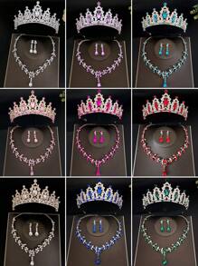 4Pcs Baroque Rhinestone Bridal Crown With Necklace Earrings Set, Fashionable Zinc Alloy Wedding Accessories, Luxurious Tiara Jewelry Set For Parties And Birthdays