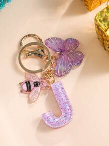 1pc Creative Alphabet Keychain With 26 English Letters & Bee, Kids Backpack Accessories, Gift For Girls - Purple - View 11