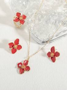 1pc Necklace, 1 Pair Earrings, 1pc Ring, Colorful Enamel Four-Petal Flower, Five-Petal Flower, Egg Flower Floral Jewelry Set, 4pcs/3pcs Set, Suitable For Daily Wear, Vacation, Party, Gifts For Friends - Four-petal Flower Jewelry Set - View 21