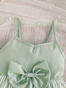 2pcs/Set Toddler Girls' Striped Suspender Layered Cake Skirt With Bow Headband, Elegant Party Outfit, Summer - Mint Green - View 5