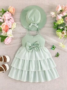 2pcs/Set Toddler Girls' Striped Suspender Layered Cake Skirt With Bow Headband, Elegant Party Outfit, Summer - Mint Green - View 1