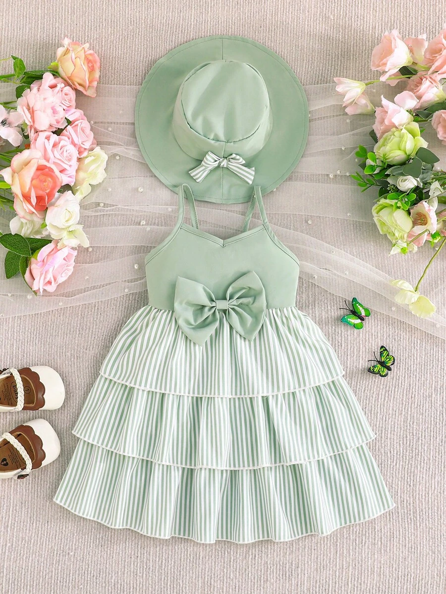 2pcs/Set Toddler Girls' Striped Suspender Layered Cake Skirt With Bow Headband, Elegant Party Outfit, Summer - Mint Green - View 1