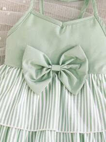 2pcs/Set Toddler Girls' Striped Suspender Layered Cake Skirt With Bow Headband, Elegant Party Outfit, Summer - Mint Green - View 4