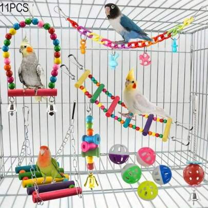 Conjunto de 11 juguetes para loros, que incluye columpio, escalera, puente, pelotas de plástico de colores para masticar, para loros pequeños y medianos