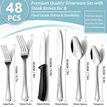 48 Pieces Of Silverware Set Steak Knife, Heavy Duty Stainless Steel Silverware Set 8, Tableware Utensil Set Home/Kitchen, Dishwasher Safe
