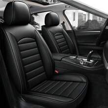 Funda de asiento universal, 5 asientos, incluye reposacabezas, funda para coche, funda de asiento de piel sintética, funda de asiento envolvente, universal para todas las estaciones, funda de asiento transpirable, adecuada para sedanes, camionetas, SUV, filas delanteras y traseras, funda de asiento negra, buena textura, festivales, regalos, modificaciones, protección del asiento, autopartes, Día del Padre, comodidad y lujo en los desplazamientos diarios, accesorios para el interior del coche - Negro - Ver 1