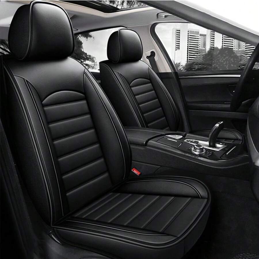 Funda de asiento universal, 5 asientos, incluye reposacabezas, funda para coche, funda de asiento de piel sintética, funda de asiento envolvente, universal para todas las estaciones, funda de asiento transpirable, adecuada para sedanes, camionetas, SUV, filas delanteras y traseras, funda de asiento negra, buena textura, festivales, regalos, modificaciones, protección del asiento, autopartes, Día del Padre, comodidad y lujo en los desplazamientos diarios, accesorios para el interior del coche - Negro - Ver 1
