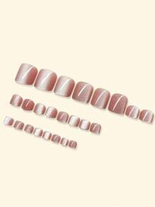 24pcs Short Square Bare Color Crystal Cat Eye Nail Art Set, Full Cover Toe Nail Sticker Suite For Women And Girls Nails - Pink - View 4