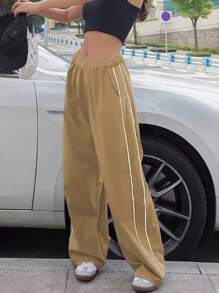 1 条青少年女孩简约休闲基本款直筒裤，适合室内/室外、春/夏/秋/冬 - 卡其色 - 查看 2