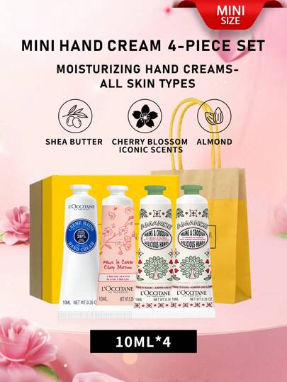 L'Occitane En Provence Mini Handkräm 4-delars set 10ml*4 (Sheasmör, mandel, körsbärsblommor ikoniska dofter) Återfuktande handkrämer - Alla hudtyper (Nya och gamla versioner skickas slumpmässigt)