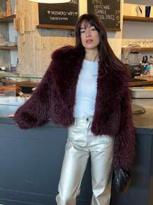 Veste courte en fausse fourrure à la mode pour femmes, manches longues, avec boutons-pression devant. Manteau de plein air chic avec col châle. Manteau épais - Violet - Voir 7