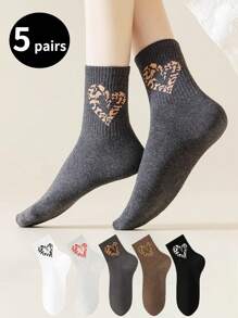 5 Pairs Women's Casual Heart Pattern Mid-Calf Socks, Fashionable Breathable & Moisture-Wicking Thin Socks Suitable For Daily Wear And Sports, Spring/Autumn - Multicolor - View 1