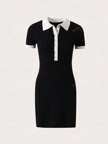 Vestido de manga corta ajustado de punto con contraste de color elegante y minimalista