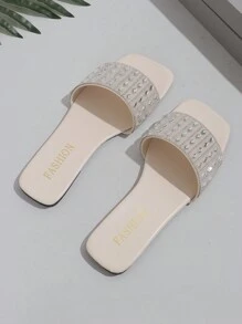 Women's Plus Size Flat Sandals, Vacation Style Casual Versatile Rhinestone Decorated Slippers, Summer