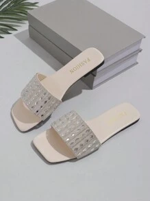 Women's Plus Size Flat Sandals, Vacation Style Casual Versatile Rhinestone Decorated Slippers, Summer