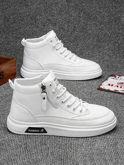 1 Pair British Style Wear-Resistant Men's Flat Ankle Boots, Solid Color Letter Print PU High Top Sneakers For Casual/Outdoor/Motorcycle