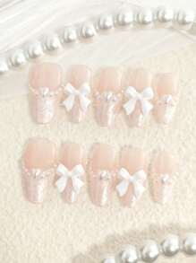 10 件纯手工制作中号杏仁形按压指甲，简约风格指甲，白色指甲法式尖头指甲，立体仿珍珠蝴蝶结指甲装饰，仿珍珠母螺纹指甲胶，凝胶指甲套装，春季指甲，夏季指甲，适合所有场合和衣服使用的假指甲，美甲，2025 新款指甲，指甲按压，欧美指甲，现代日本指甲美甲用品指甲 - Follow Your Heart - 查看 27