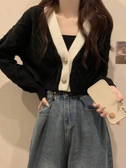 OJOK 新款撞色短款 V 领宽松休闲女士开衫