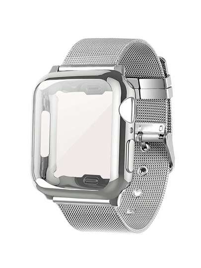 Set de 2 piezas - Pulsera de malla de acero inoxidable, transpirable, con hebilla de metal ajustable para deportes + Funda protectora de material suave de PC resistente al agua, antichoques y antiarañazos compatible con Ultra 3/21 Series SE S10/S9/S8/S7/S6/S5/S4/S3/S2/S1 de 38mm, 40mm, 41mm, 42mm, 44mm, 45mm, 46MM, 49MM, reemplazo de pulsera para hombres y mujeres