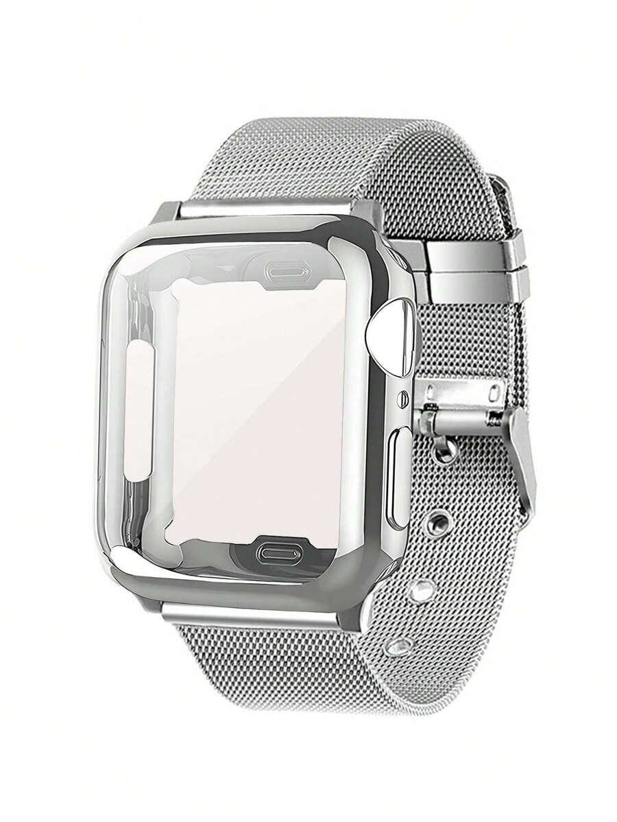 Huastonband 相容錶帶與錶殼套組，2件裝銀色不鏽鋼透氣可調節網狀錶帶 + PC 軟材質防撞金色手錶保護殼附螢幕保護膜，適用 SE S10/S9/S8/S7/S6/S5/S4 38mm 40mm 41mm 42mm 44mm 45mm 男女款智慧手錶配件錶帶與錶殼，適合夏季海灘派對度假的男士與女士配件
