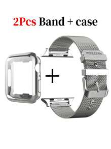 Huastonband 相容錶帶與錶殼套組，2件裝銀色不鏽鋼透氣可調節網狀錶帶 + PC 軟材質防撞金色手錶保護殼附螢幕保護膜，適用 SE S10/S9/S8/S7/S6/S5/S4 38mm 40mm 41mm 42mm 44mm 45mm 男女款智慧手錶配件錶帶與錶殼，適合夏季海灘派對度假的男士與女士配件 - 銀色 - 查看 3