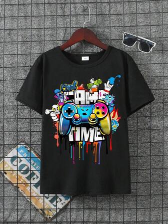 青少年男孩电子游戏图案印花短袖休闲上衣，适合日常穿着