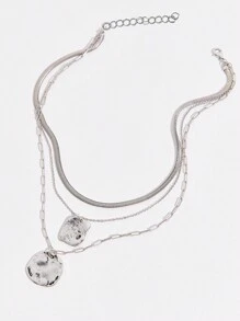 1 件复古欧洲波西米亚风不对称几何圆形和方形金属吊坠项链配蛇链，女士多层项链适合日常佩戴和礼物 - 合金三層項鍊 - 查看 13