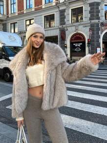 HH Faux Fur Jacket For Women Elegant Solid Lapel Long Sleeve Coat Casual Loose Female Winter Oversize Lady Chic Streetwear Jakcets