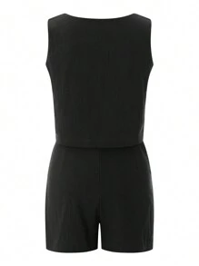 Womens 2 Piece Outfits Linen Matching Sets Sleeveless Crop Tank Tops And High Waist Lounge Shorts With Pockets - 黑色 - 查看 7