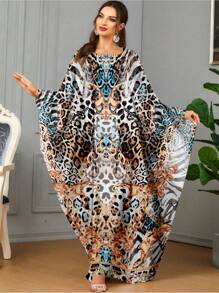 Loose Animal Print Kaftan, Style Casual Vacation Turkish Abaya & Arabic Tradition Kaftan For Women, Modest - Multicolor - View 4