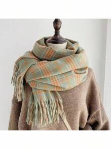 Women Winter Imitation Cashmere Plaid Solid Color Scarf Ladies Warm Long Soft Shawl Wrap - Beige - View 3