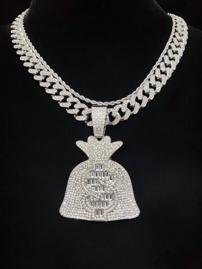 1 件时尚创意美元钱袋形吊坠项链，男女通用嘻哈复古项链，适合派对和日常佩戴，2 种链条款式可选